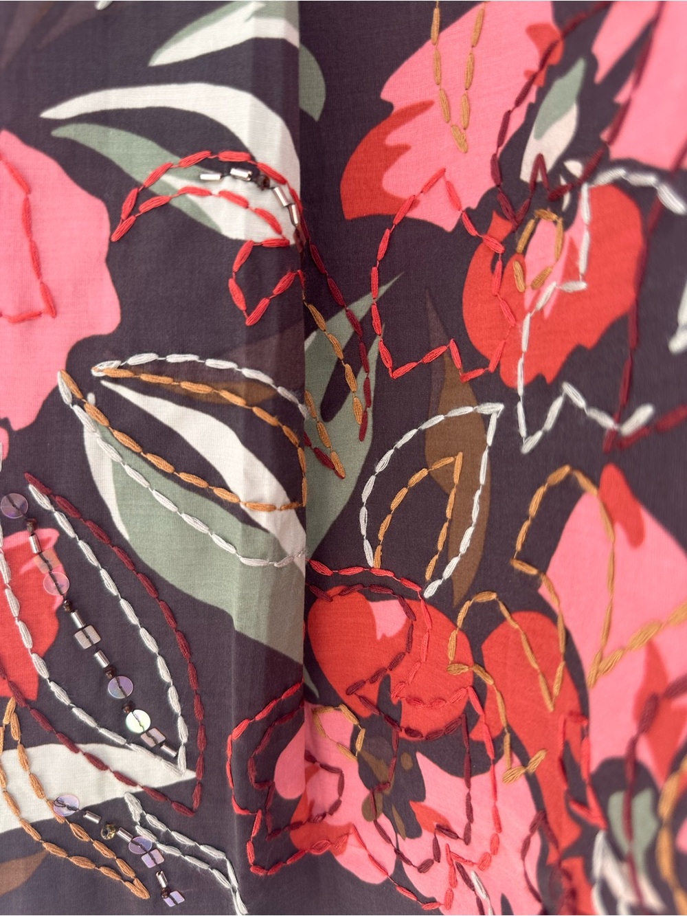 Talbots Brown Pleated Circle Skirt with Pink Embroidered Beaded Floral Print, 16 - Picture 11 of 13